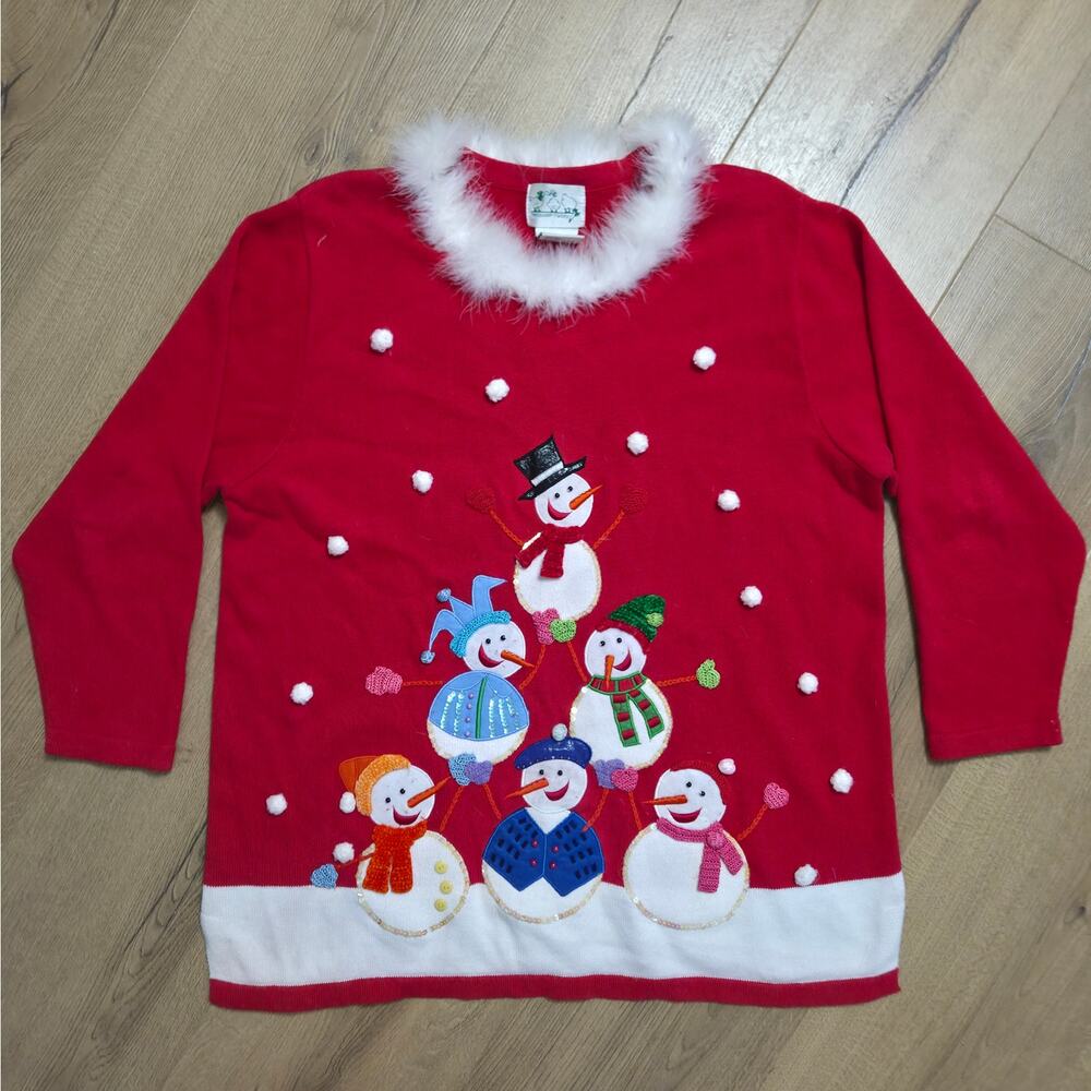 Quack Factory Christmas Holiday Party Granny Sweater Snowmen White Feathers 1X